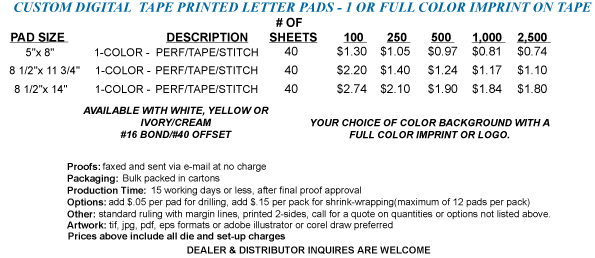 Digital Imprint on Tape Binding Pricing Sheet